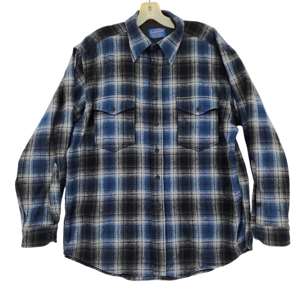 Vtg Pendleton Outdoorsman Button Up Shirt L Men Wool Plaid Blue Black USA READ‎